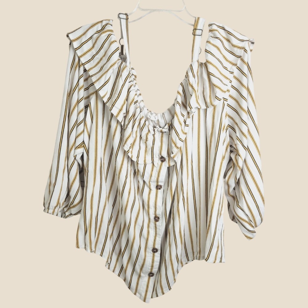 Maurices Cold Shoulder Blouse Boho Ruffle Striped Button Top White Plus Sz 3 - Picture 1 of 11